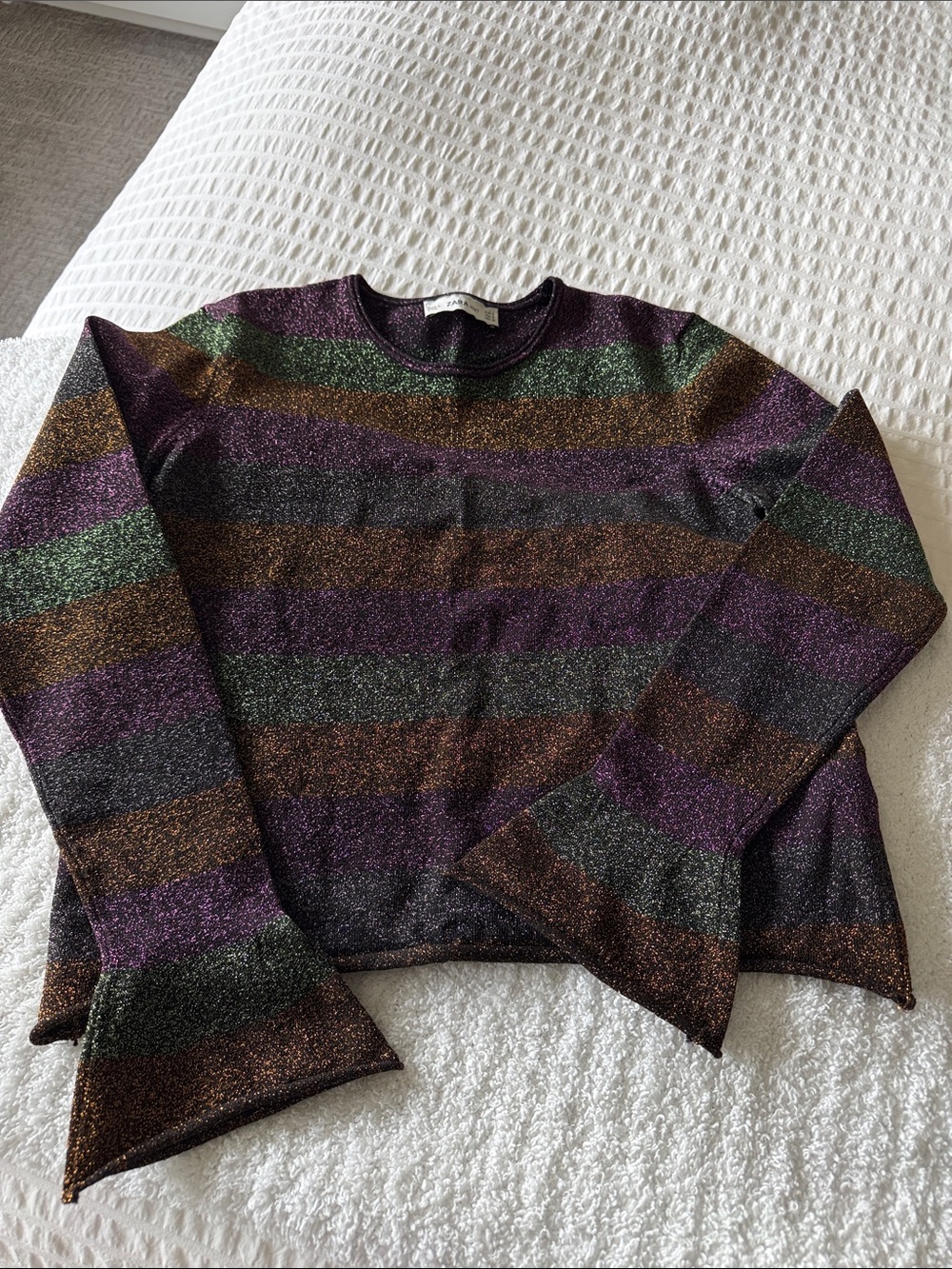 Zara Metallic Striped Crewneck Sweater in Purple, Green, Brown, Gray